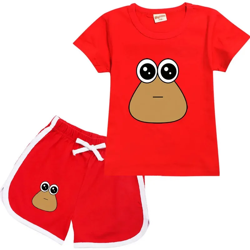 zz04zz12Pou Tee キッズ 面白いアニメ服 夏 ベビーガールズ Tシャツ パンツ セット ティーンエイジボーイ コットン ショートトップス スーツ 子供パジャマ