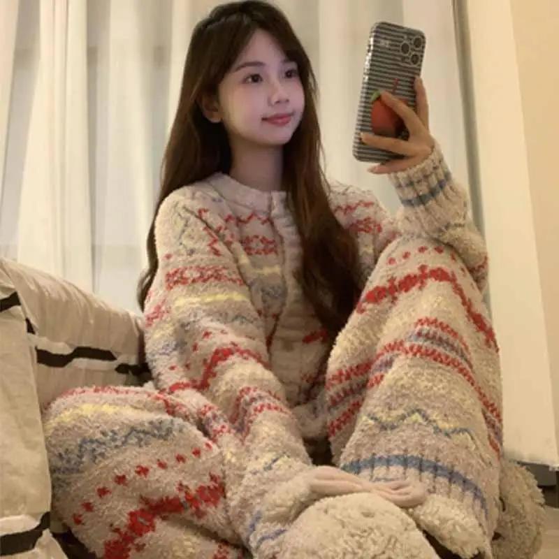 Autumn Winter Stripe Women Pajamas Set Lounge Thicken Homewear Warm Sleepwear Long Sleeves Lapel 2 Pcs Shirt&pants Nightwear