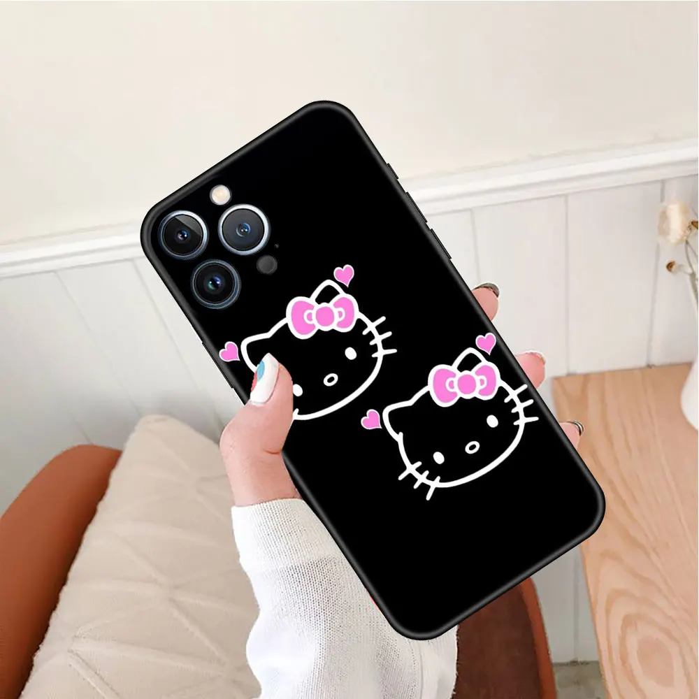 Funda Case For Apple iPhone 14 11 13 7 12 Pro 7 XR XS Max 8 Plus 6 14Pro 13Mini Black Soft Phone Coque Hello Kitty Lovly Cute