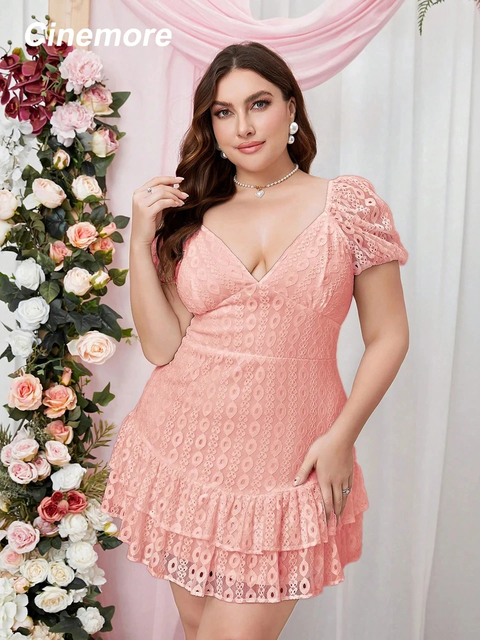 Vestidos de verão das mulheres, roupas tamanho grande, decote em v profundo, manga puff, vestido bonito bolo doce, bainha do plissado, 9802, 2023