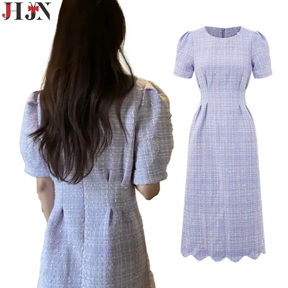 Korean Style 2025 Summer New Arrivals French Style Bubble Short Sleeve Fashion  Chic Tweed Round Neck Wavy Hem Long  Dresses Y2k