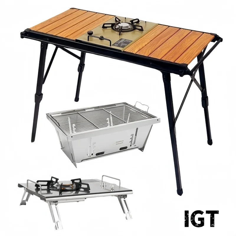 Outdoor IGT Table Adjustable Height Folding Roll Table Gas Stove Barbecue Grill Kit BBQ Picnic Table Camping Equipment