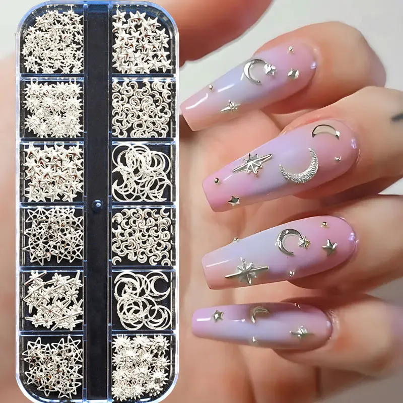 12grids Silver Stars/Moon/Cross Rivet Studs Nail Charms 3D Metal Starlight Japanese Nail Art Decorations Alloy Nail Studs Jewelr