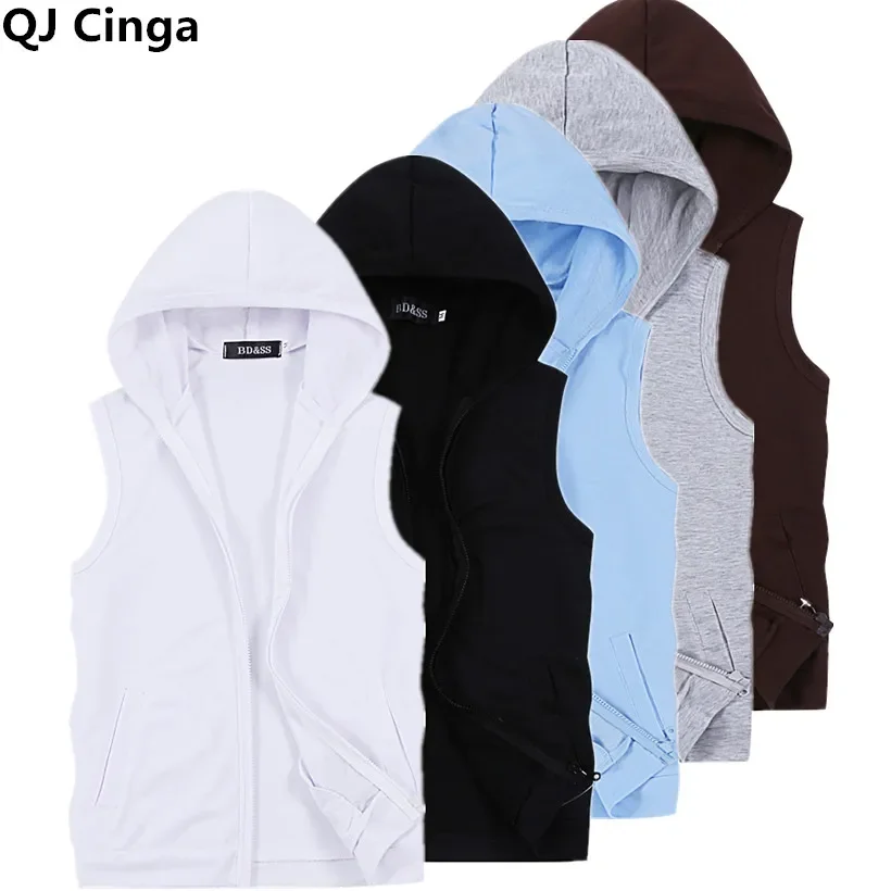 Summer Men Hooded Sleeveless Jacket, Asian Size Black Vests, Blue, White, Gray Zipper Control Mens Casual Coat Slim Fit Tops