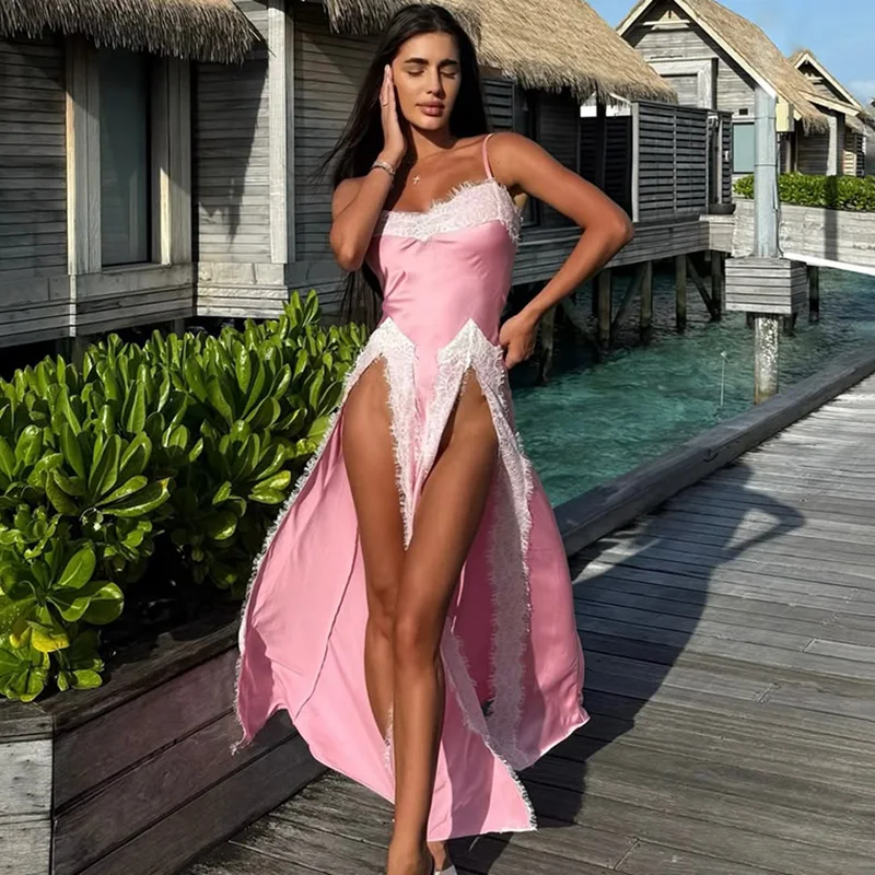 

Ticketsx Sexy Lace Split Dress Women Contrast Color Patchwork Hollow Out Sling Long Dress Fashion Backless Party Evening Dress