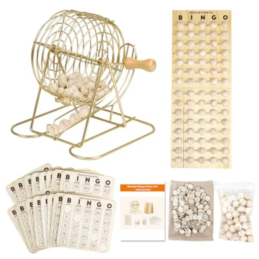 

Wooden Bingo Game Set Deluxe Bingo Kit with 7in Cage and Wooden Handle, 400 Wood Bingo Chips, 15 Solid Wood Bingo Cards and Sto