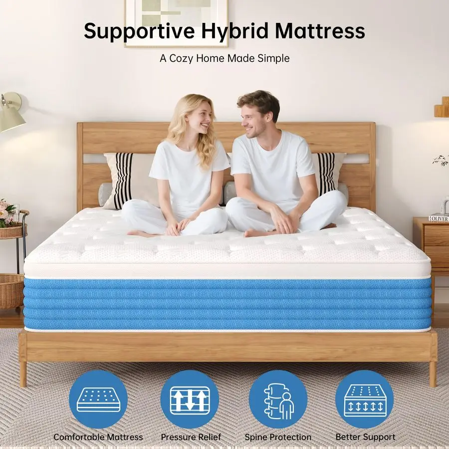 مرتبة بحجم، مرتبة هجينة مزدوجة مقاس 12 بوصة في صندوق مع نوابض جيب لعزل الحركة وتخفيف الضغط والألياف الزجاجية