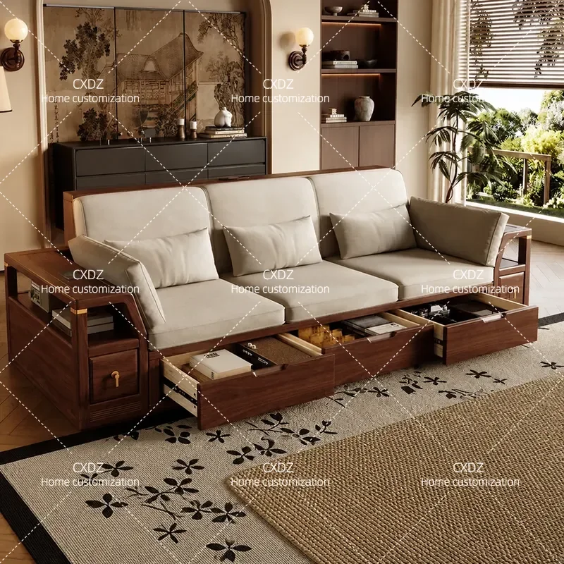Medieval Black Walnut Solid Wood Sofa Living Room Winter Summer Dual Purpose Straight Row Four Seater Multifunctional Storage
