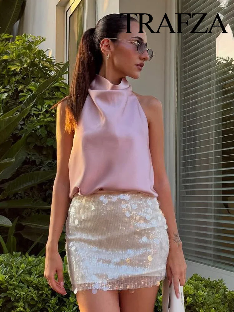 

TRAFZA женская новая модная универсальная тонкая однотонная юбка с высокой талией и пайетками женская сексуальная короткая юбка на бедрах с боковой молнией в стиле панк для вечеринок Mujer