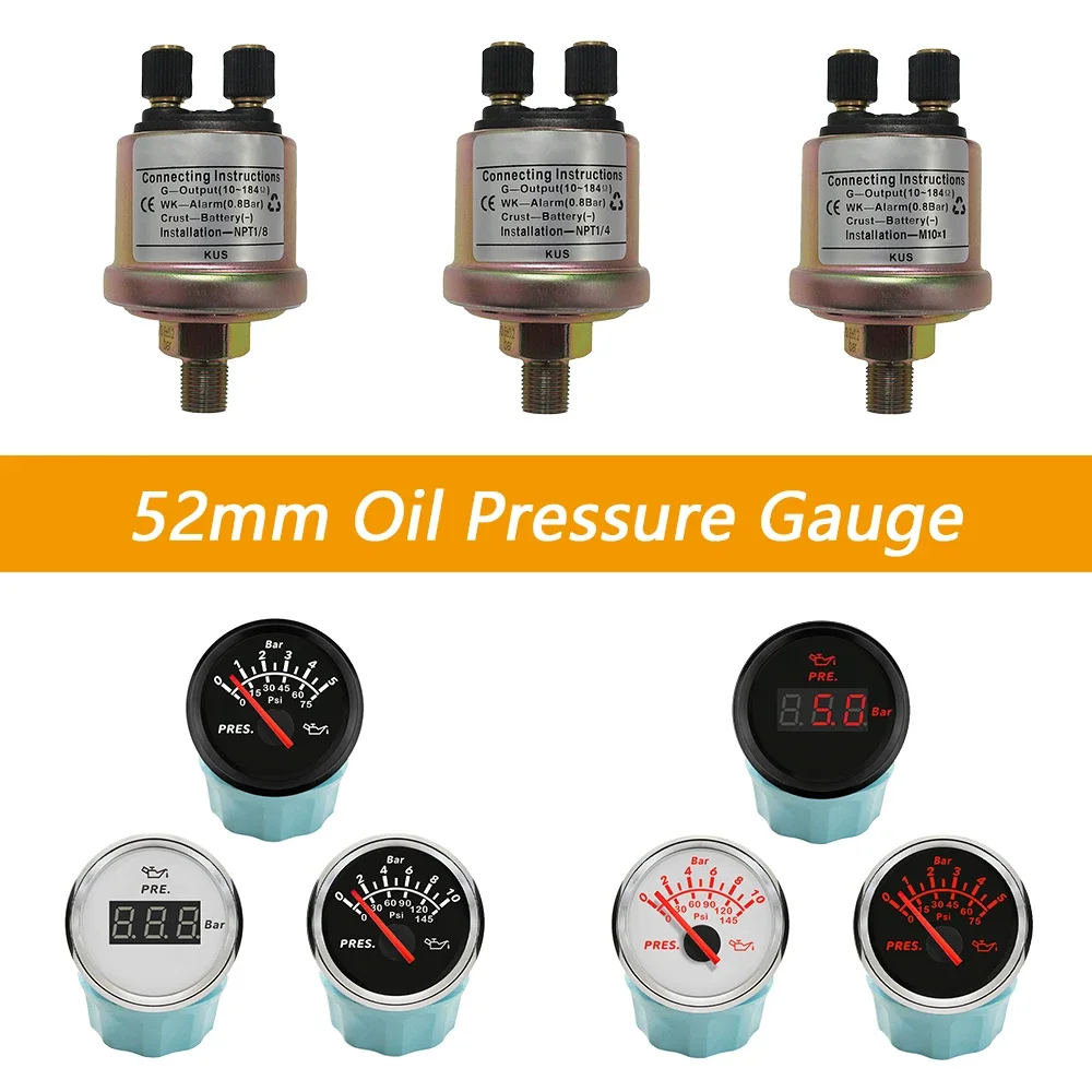 

Universal Car Truck Boat 52mm Waterproof Oil Pressure Gauge Meter 0-5Bar 0-75Psi 0-10Bar 0-145Psi With Red Backlight 9-32V