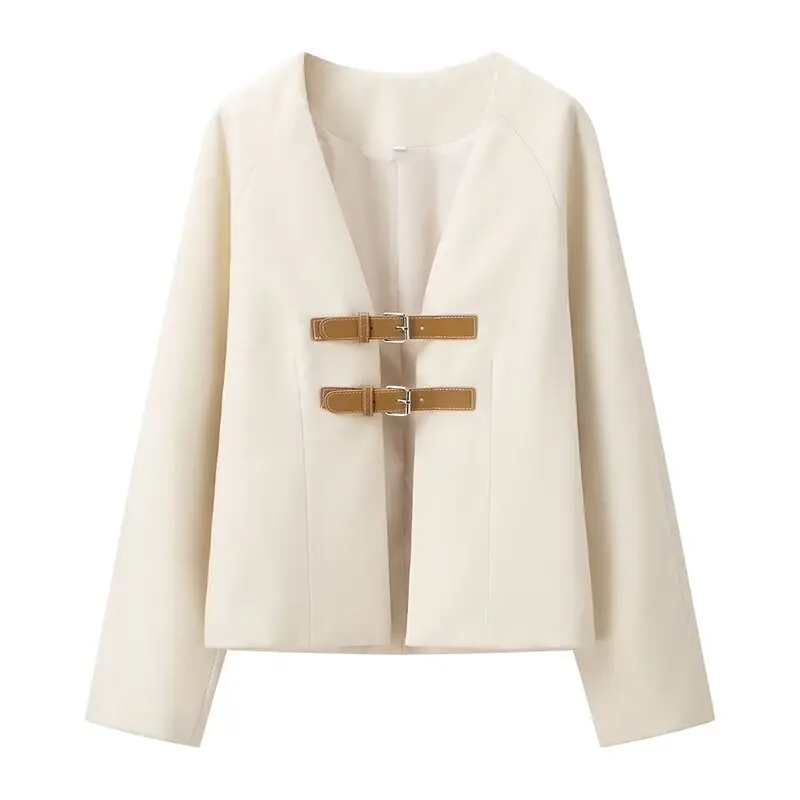 Dames Wollen Jas Effen Kleur V-Hals Vest Met Lange Mouwen, Stijlvolle Pluche Wollen Jas Met Dubbele Riem Gesp