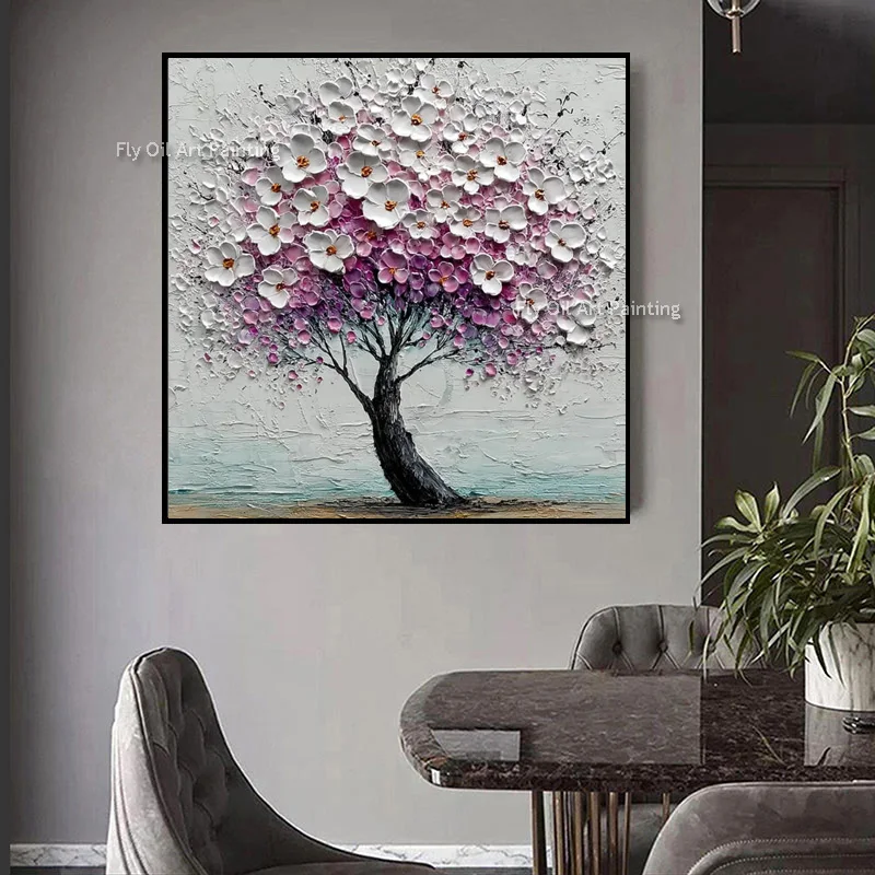 New Popular Design Pink White Flowers Tree Canvas Oil Painting Original Hand Painted Grey Pink Florals Wall Art Decor For Room