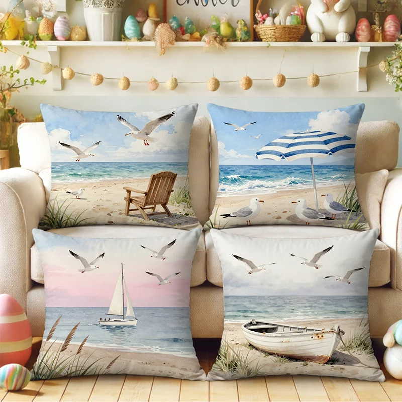 4 Pack Coastal Beach Print Pillow Covers Ocean Seagull Summer Nautical Throw Cushions Set for Living Room Decor