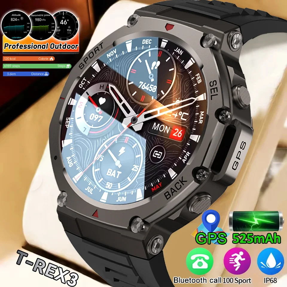 

Военные умные часы T-Rex 3, встроенный GPS-компас, высотомер, барометрические, 10 АТМ, IP69K, водонепроницаемые, AMOLED, Bluetooth, умные часы для вызова