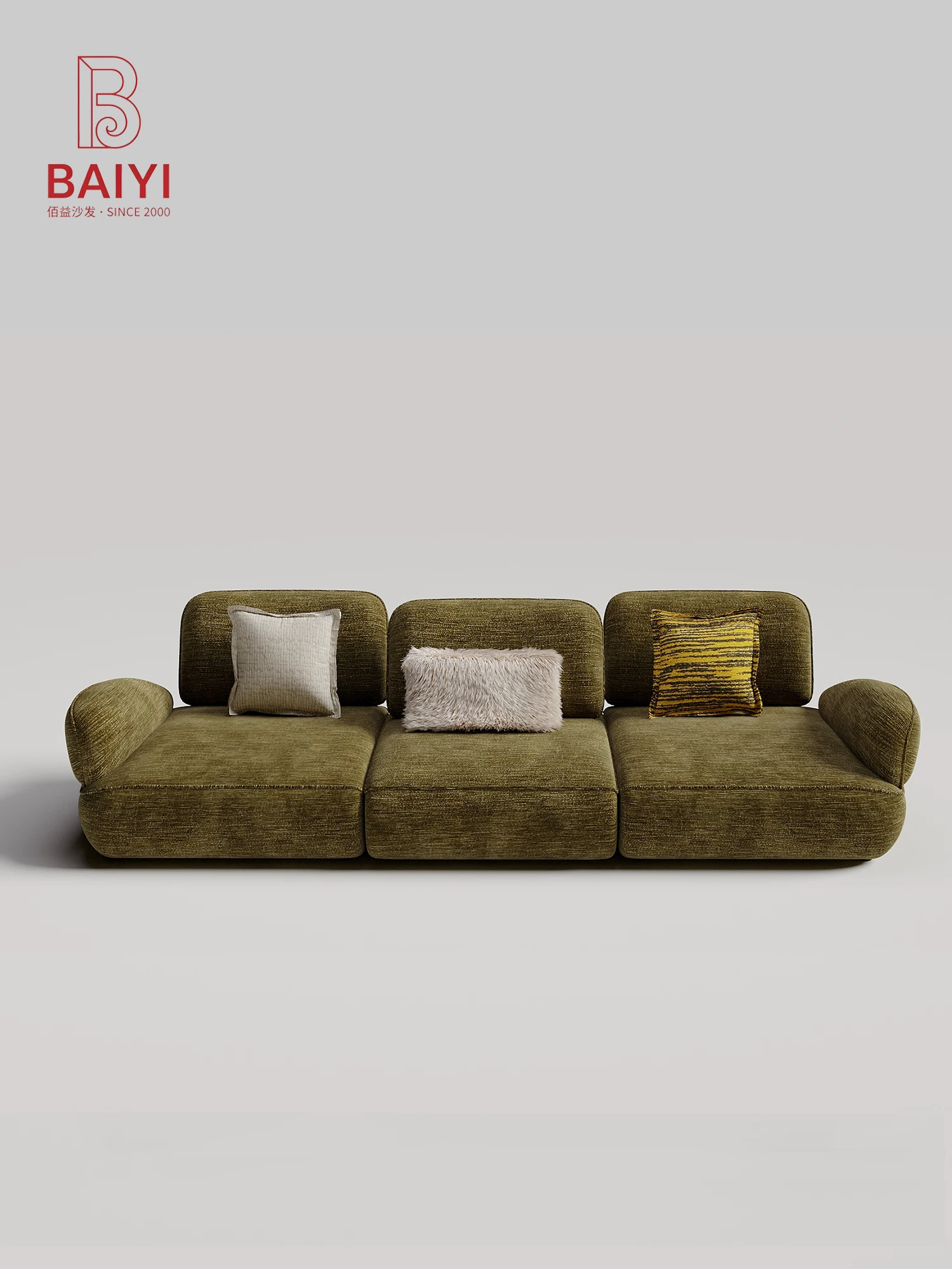 Olive Green Chenille Modular Sofa 3 Seater Adjustable Backrest Wide Deep Seat Curved Armrest Low Profile For Living Room Villa