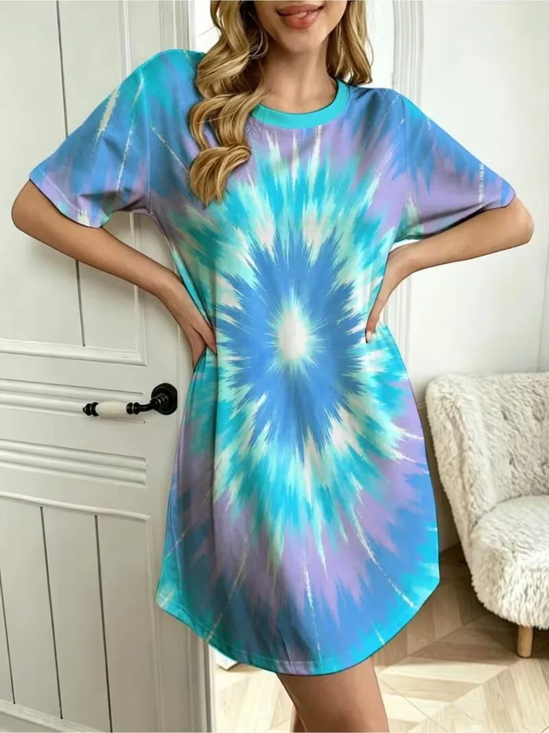New Fashion Loose Summer Women Dress Fashion 3D Gradient Tie Dye Short Sleeve O-Neck A-Line Dress Street Casual Sport Dress 3XL