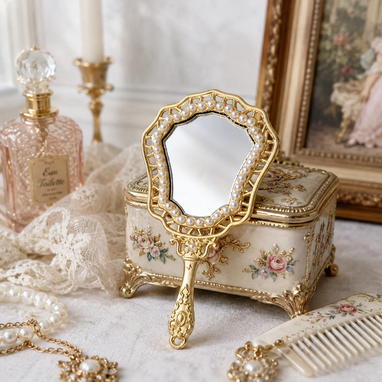 Miniature Vintage Handheld Mirror with Antique Gold Floral Design, a Decorative Piece for Dollhouse Vanity Scenes