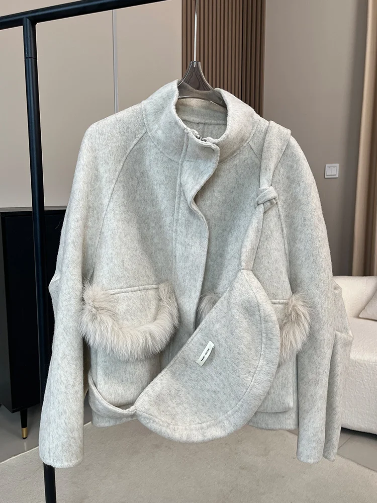 سترة شتوية نسائية من الصوف والكشمير لعام 2025 سترة دافئة من فرو الثعلب الطبيعي الحقيقي معطف نسائي سميك فاخر ملابس خارجية صوفية للسيدات