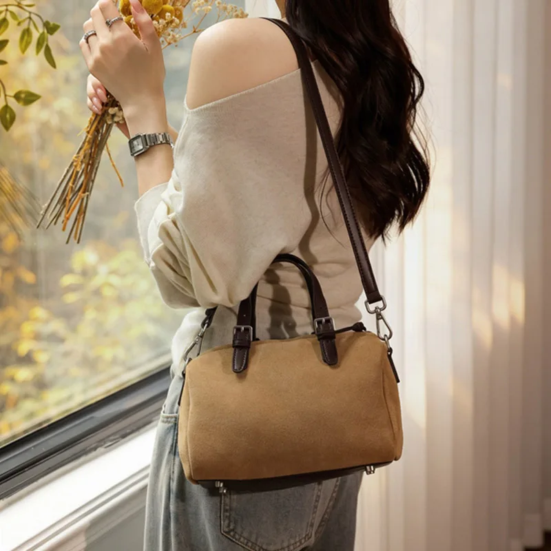 Retro Solid Color Bowling Handbag Split Suede Leather Lady Multi-functional Shoulder Bags Women Casual Effortless Crossbody Bag