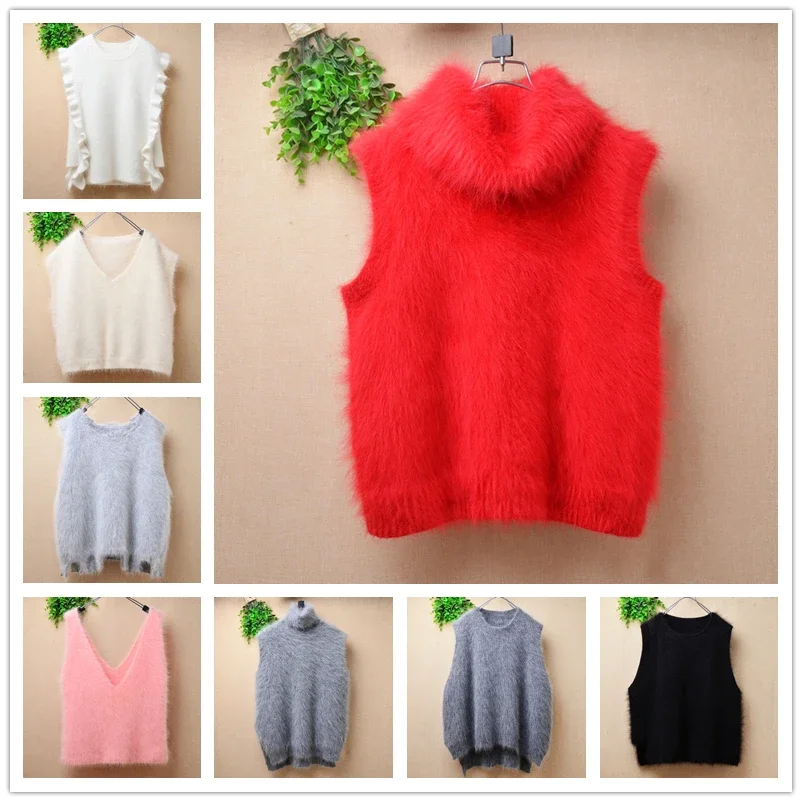 Fashion Ladies Women Spring Autumn Clothing Hairy Angora Rabbit Hair Knitted Sleeveless O-Neck Loose Pullover Sweater Vest Pull