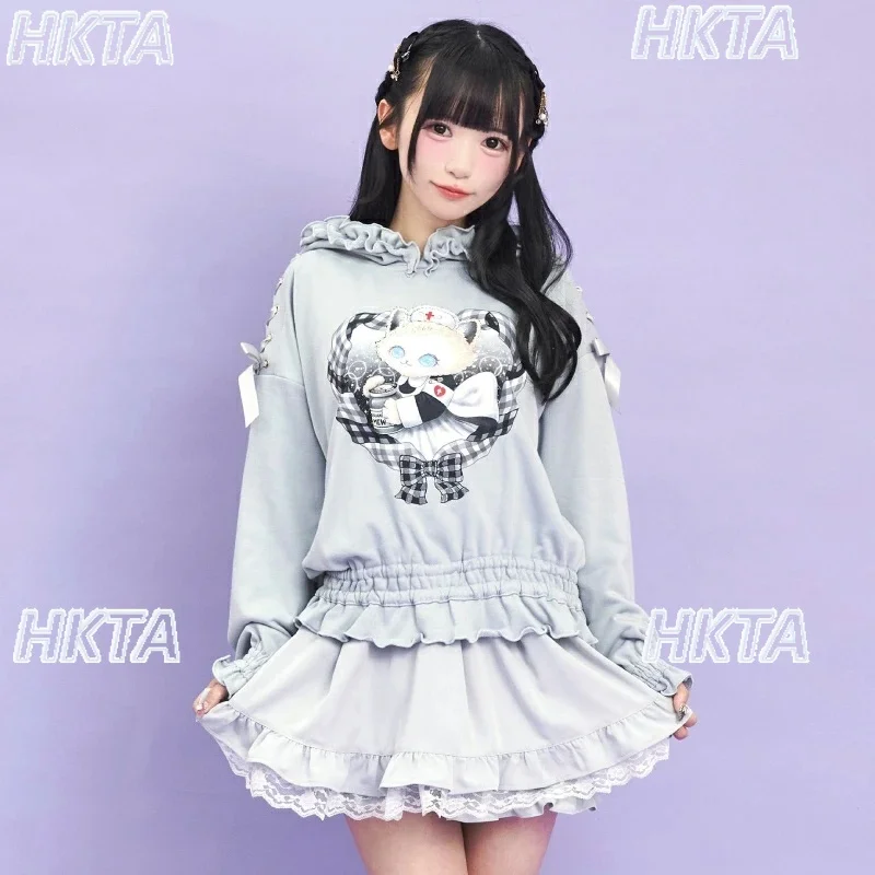 

2025 Early Autumn Hooded Sweatshirt Coat Cute Ruffled Waist Slimming Short Hoodies Jacket Fashion Cartoon Cat Hoodie Coats Women