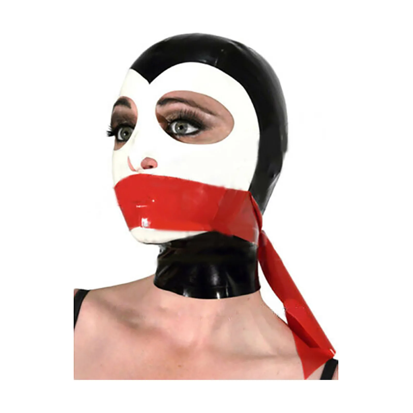 

MONNIK Latex Unisex Mask White&Black Colors with Red Latex Band Handmade and Rear Zipper for Catsuit Cosplay Party Clubwear