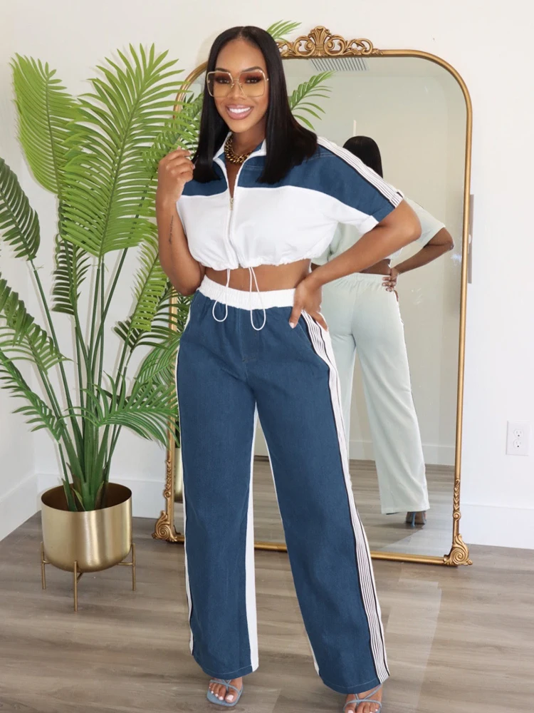 Lovely 2 Pieces Women Sets Striped Crop Top Denim Patchwork Wide Leg Pants Suits 2025 Two Piece Set Loungewear Tracksuit Outfits