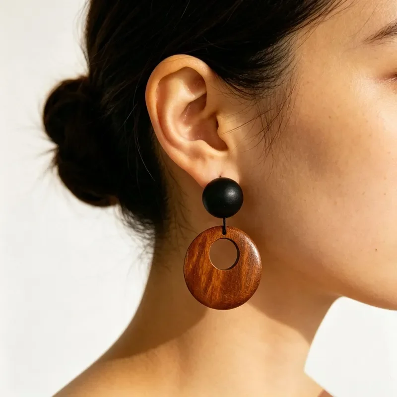 American retro black and brown contrasting wood earrings irregular hollow wood ring long pendant earrings niche vacation