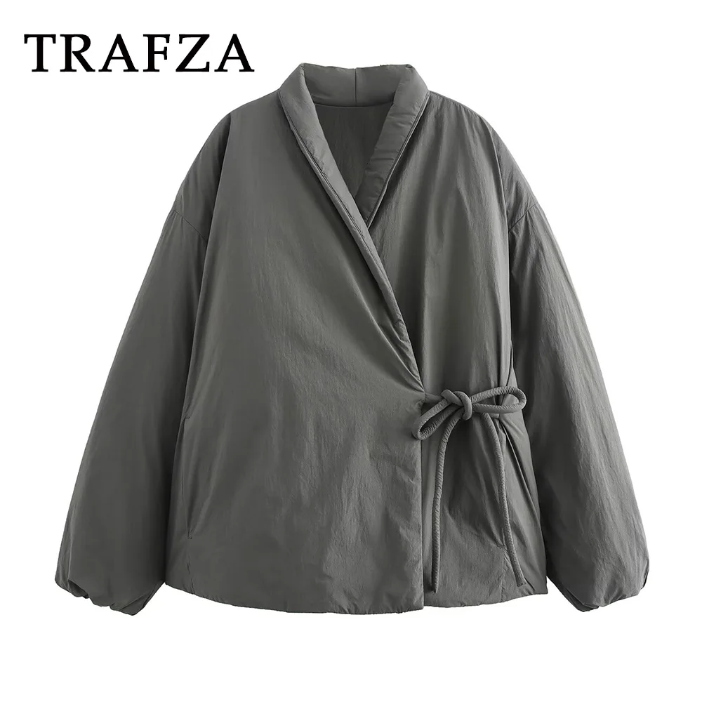 TRAFZA 2024 Autumn Winter Women Casual Solid Coats Double-breasted Kimono Jacket Loose Lace-up Bow Fashion Jackets For Women