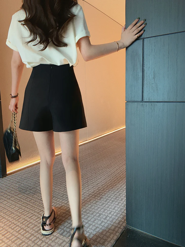 

Женские брюки с высокой талией, широкими штанинами и А-образным силуэтом, из костюмной ткани, черные, утягивающие, летние, новые, для офиса, на молнии, из полиэстера.