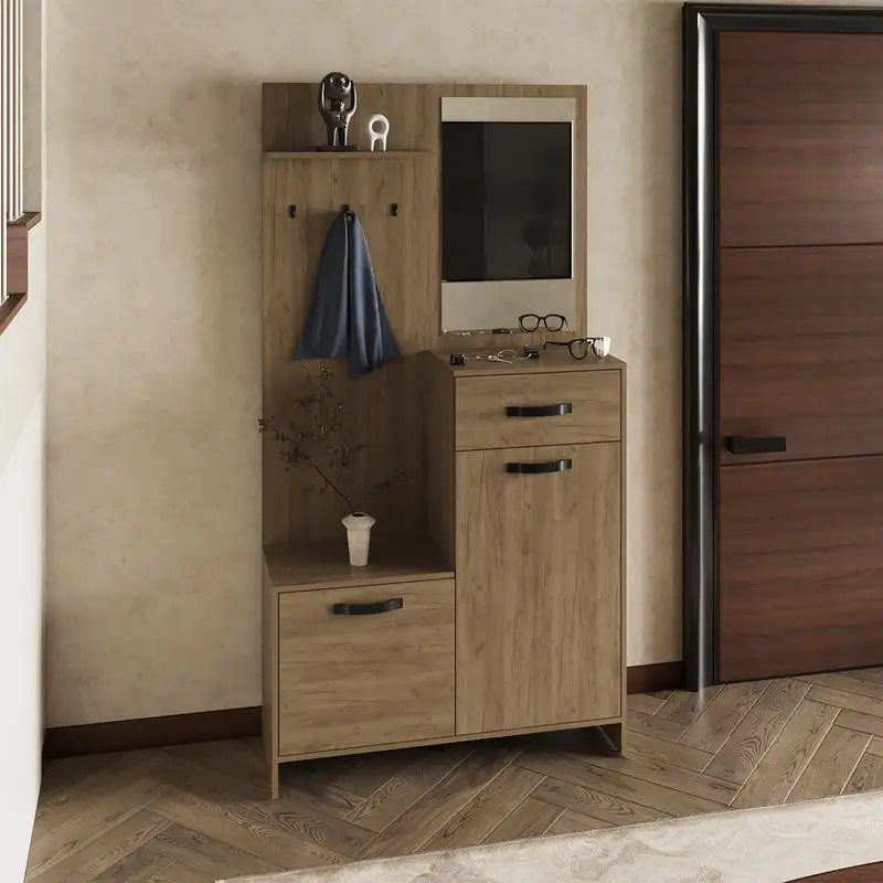 شجرة قاعة شجرة بمرآة طويلة 75 بوصة مع شماعات، 3 أرفف، 2 خزائن، درج واحد، طاولة وحدة تحكم للمدخل، غرفة المعيشة، خشب البلوط الخفيف