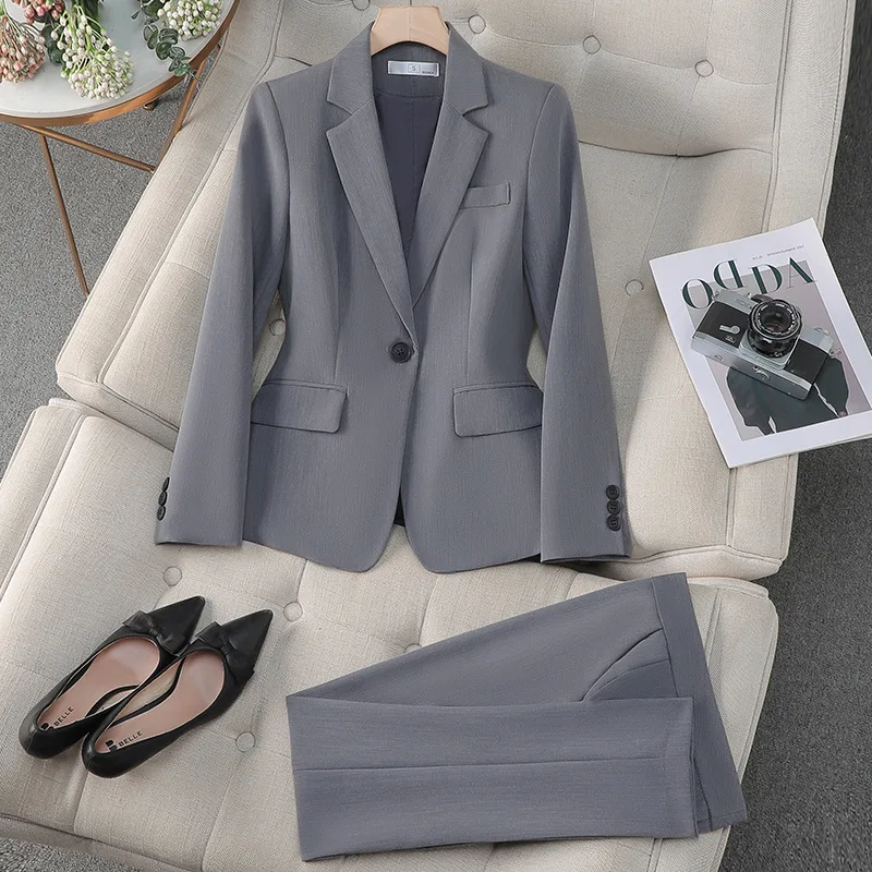 طقم بدلة رمادية راقية للنساء، موسم الربيع والخريف 2025New Style College Student Interview بدلة رسمية احترافية #1