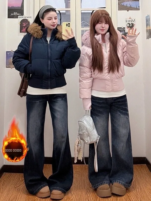 

Американские джинсы-клеш с широкими штанинами для женщин, осенне-зимние, новые, свободные, прямые, теплые, длинные брюки