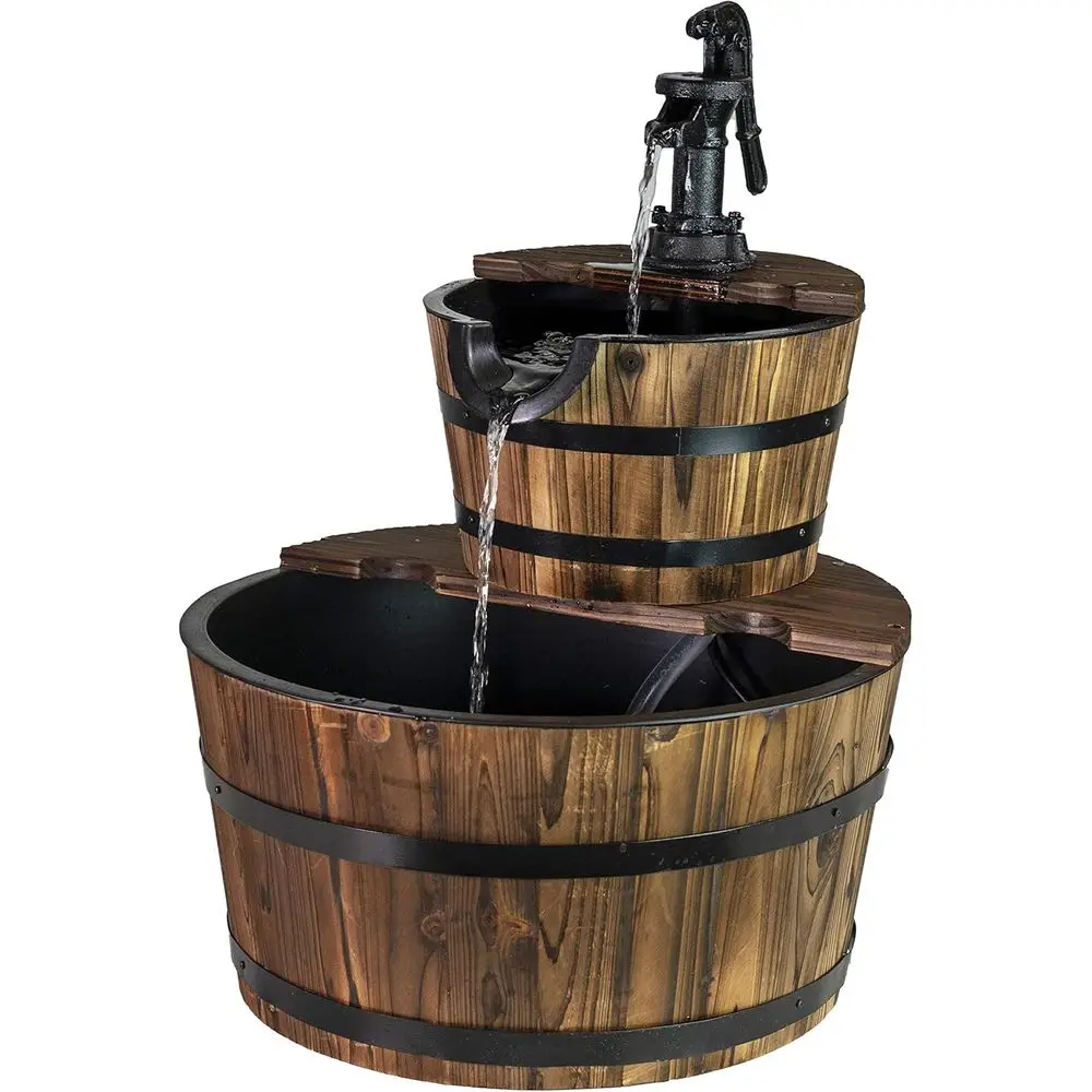 

Двухуровневая уличная водная композиция в деревенском стиле с погружным насосом и чугунным ручным насосом для сада