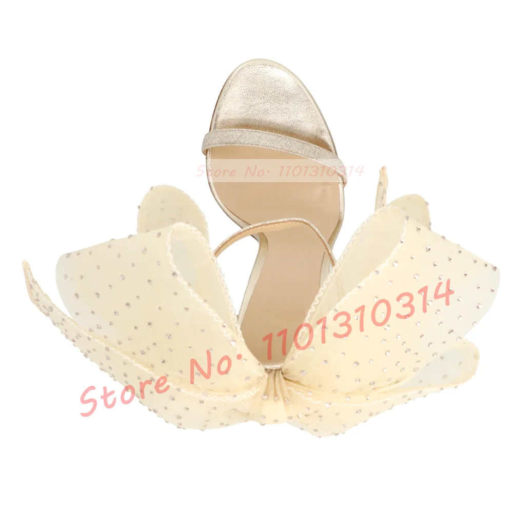 Sandali con tacco alto con fiocco in rete di cristallo donna sandali con Glitter di lusso da sposa Beige Open Toe eleganti sandali scintillanti da