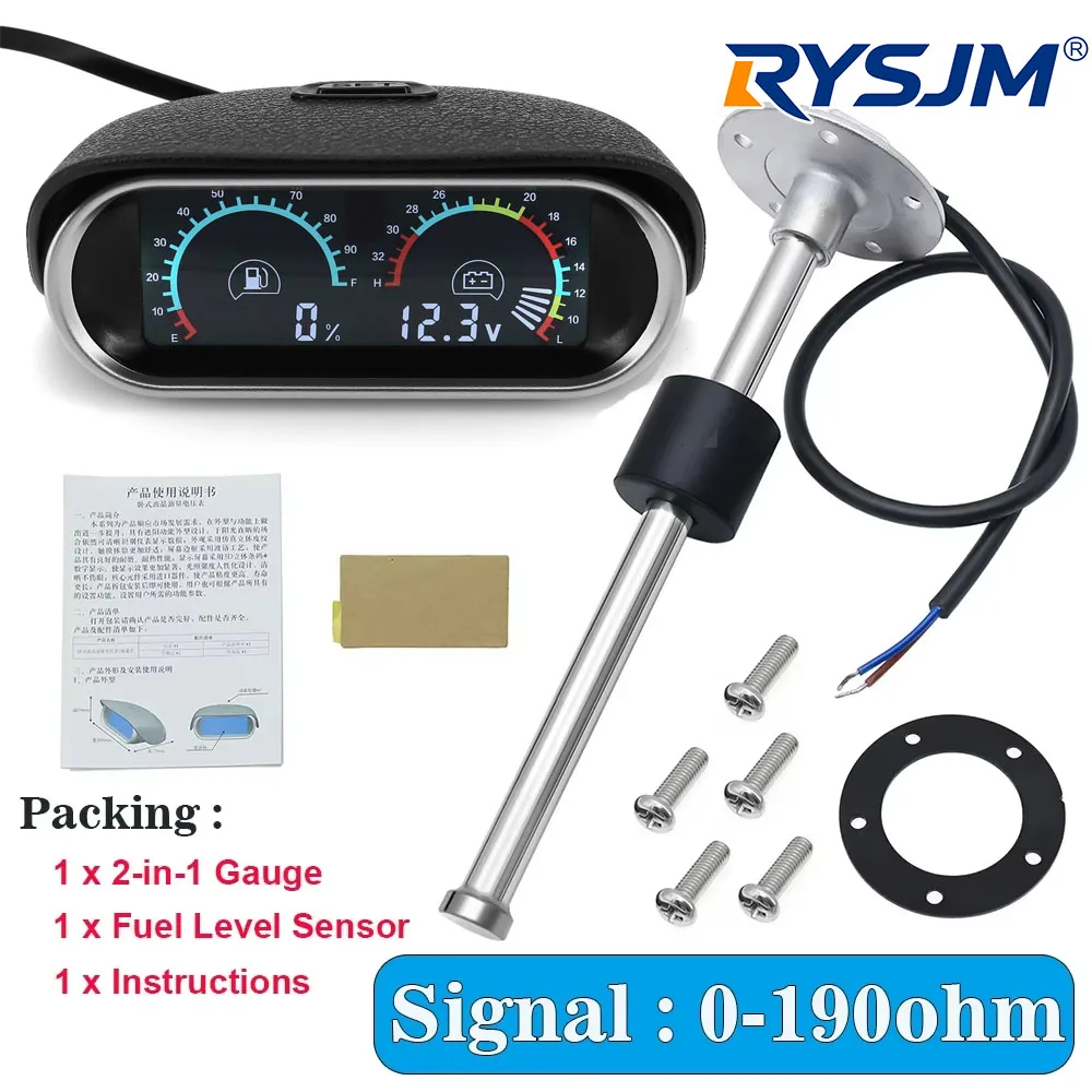 100-550mm Fuel Level Gauge Sensor 0-190 Ohm Water Tank Meter Indicator Alarm 2 in 1 Oil Level + Voltmeter for Car Truck DC 9~32V