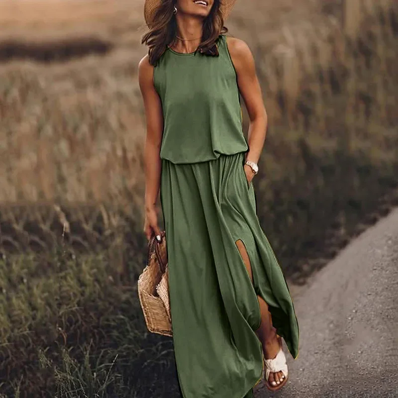 Women summer sleeveless split long dress casual solid cotton elastics waist elegant maxi dress vintage Harajuku loose sundress