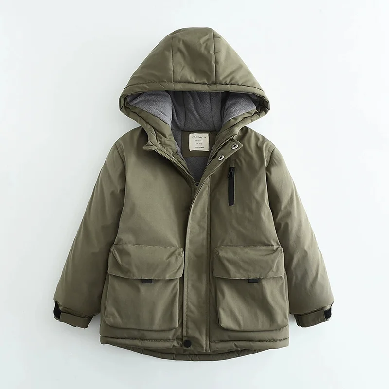 Boys Winter Hooded Cotton Jacket Polar Fleece Thicken Warm Coat Kids Windproof Rainproof Outdoor Sports Outerwear 4-12 Years