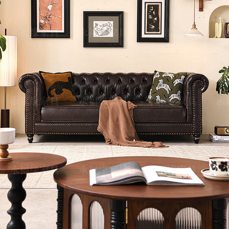 

French retro leather sofa classic buckle design three-person sofa high-end living room antique oil wax leather combination