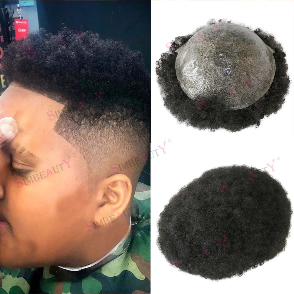 6mm Afro Kinky Curly Toupee for Black Men African American Human Hair System Replacements Injected PU Skin Poly 8mm 10mm Wave