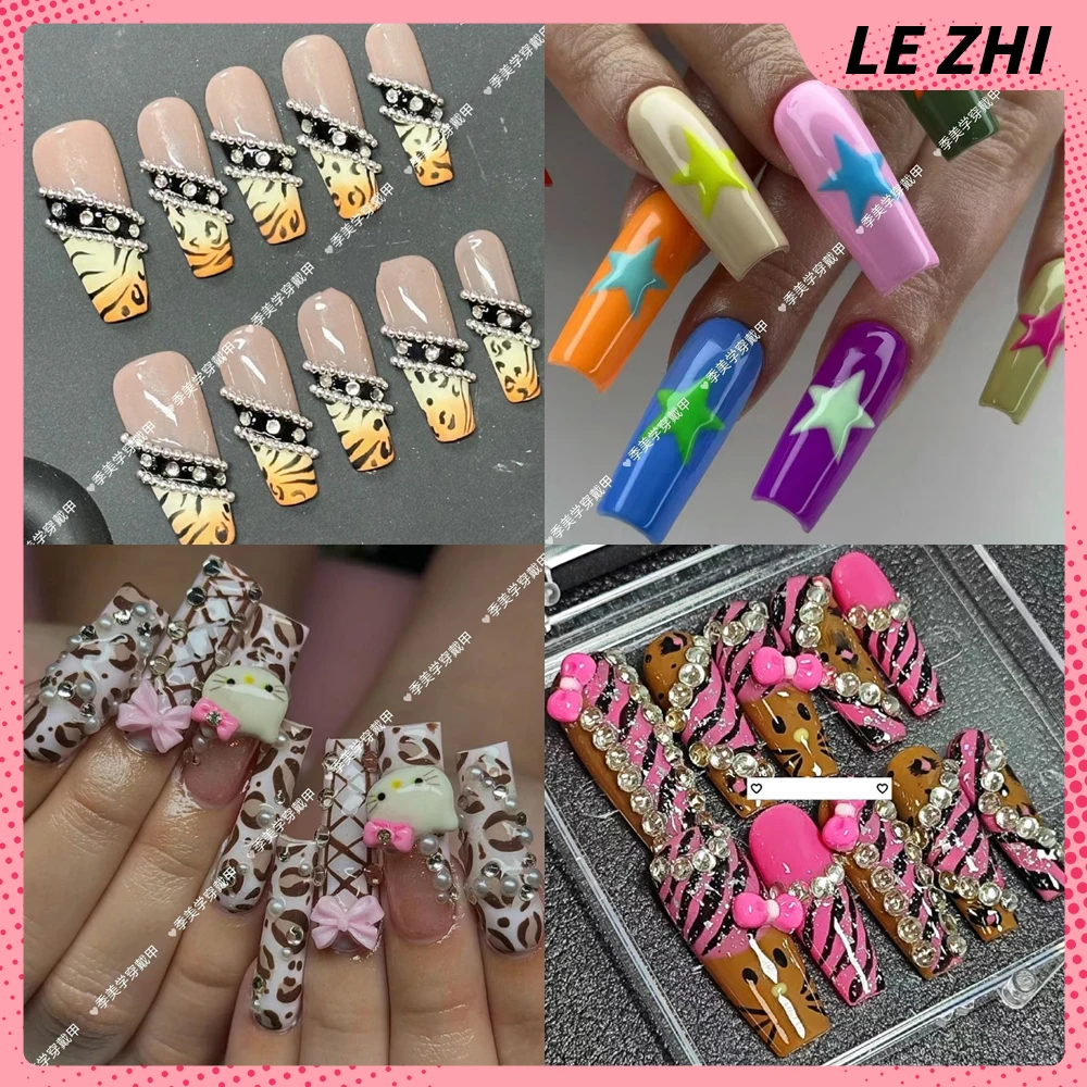 

Kawaii Diy Handmade Hello Kitty Press On Nails Art Acrylic Y2K Rhinestone Colourful Star Zebra Flower Full Cover Nails Stickers