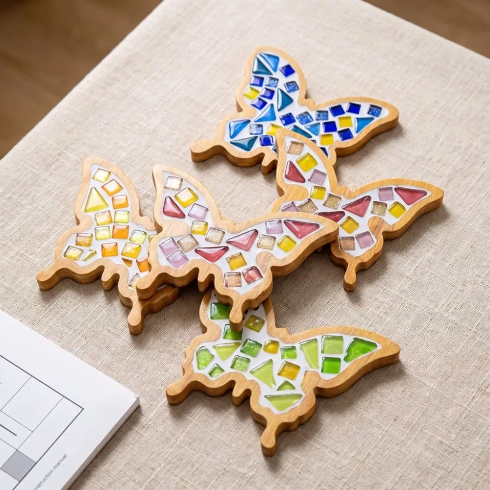 Mixed Color DIY Mosaic Coaster Glass Mosaic Bamboo Coaster Making Kit Butterfly Shape Thermal Insulation Handmade Drinkware Tray