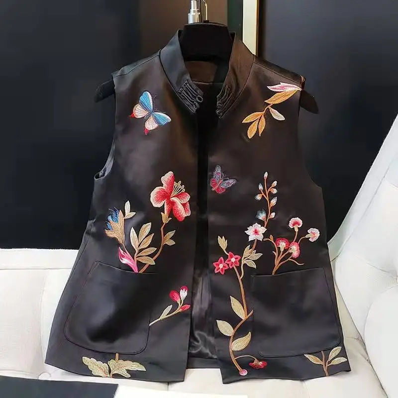 Spring Summer Women Chinese Style Tang Vest Coat , Embroidery Floral Butterfly Pattern Black Sleeveless Vests Coats for Woman