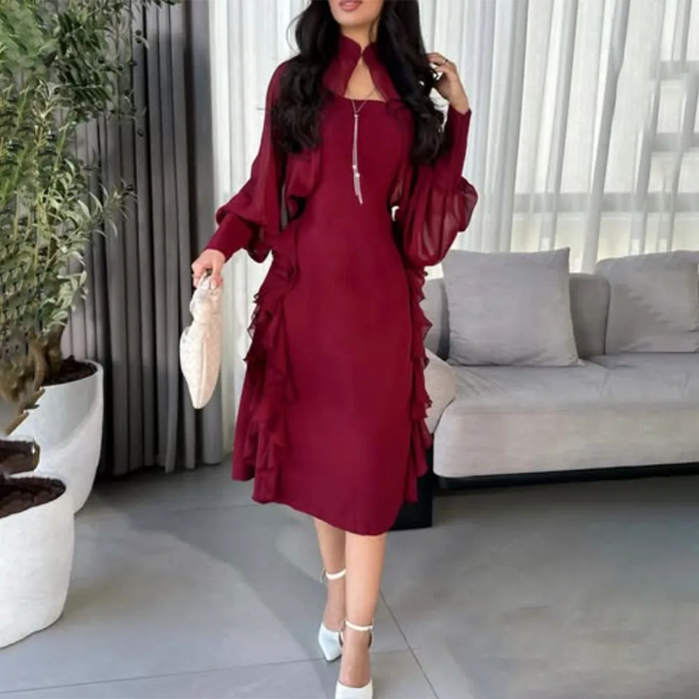 

High Quality Customized Strapless Red Pleat Tea Length Full Sleeves Vestidos De Fiesta Para Bodas Evening Gown Robe De Soirée