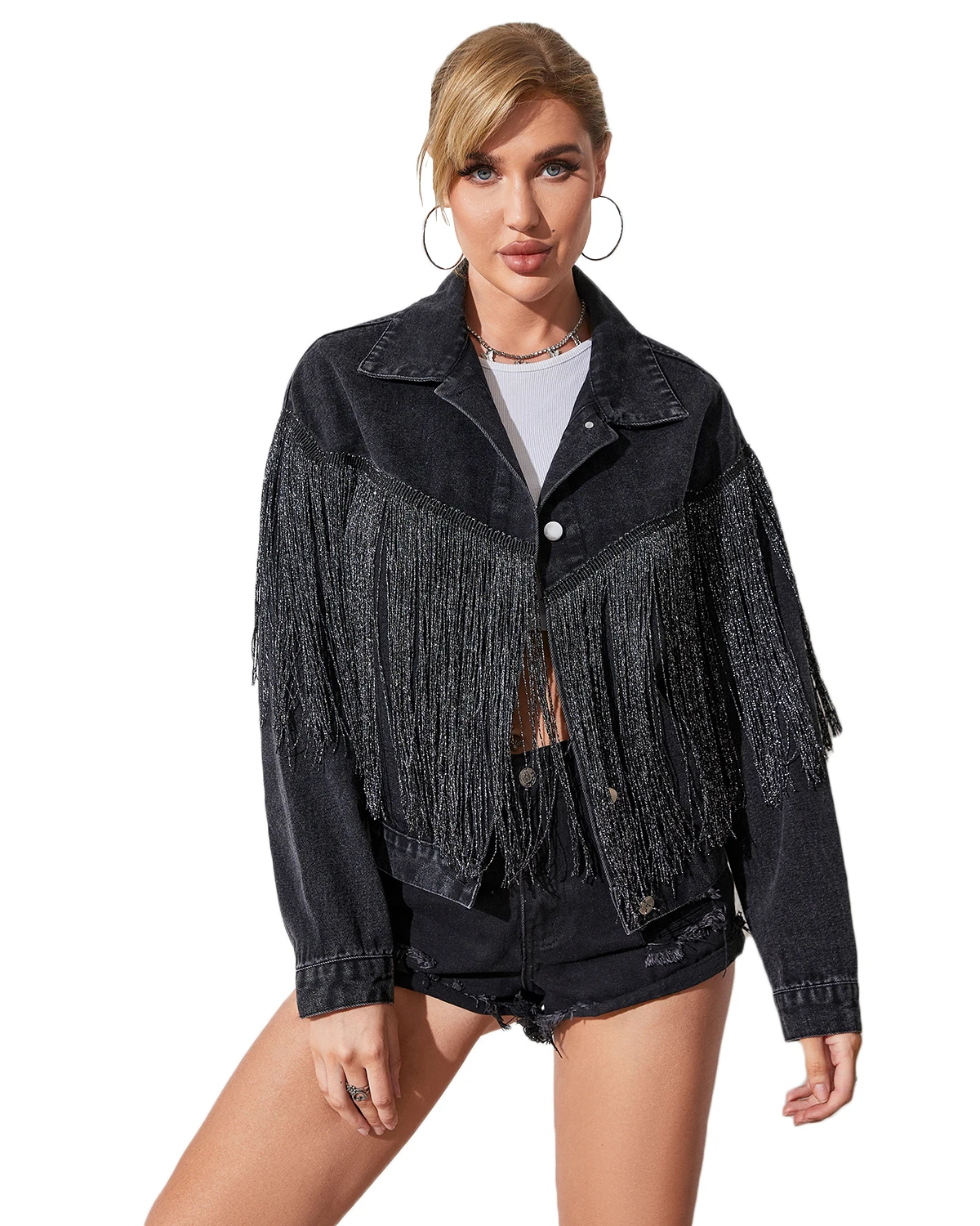 Women\'s Boyfriend Denim Jacket Long Sleeve Oversized Fringe Jean Jacket Coats