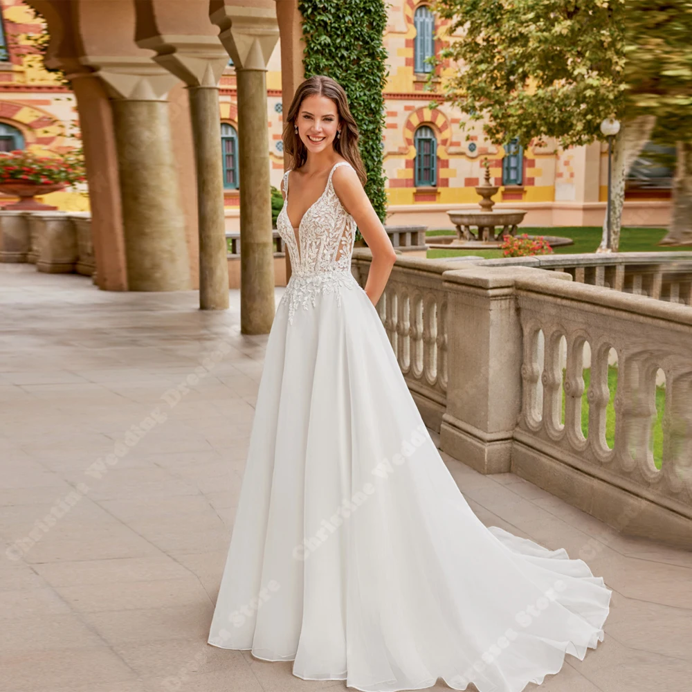 

Vintage V-Neck Women Wedding Dresses Sexy Sleeveless Backless Bride Gowns Lace Flower Print A-Line Vestidos de Novias Customized