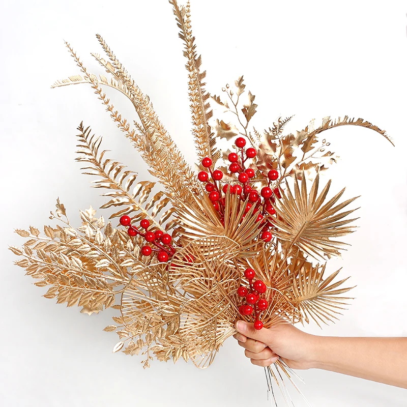 Golden Artificial Plants New Year 2024 Ornaments for Home Room Decor Navidad Christmas Decoration Fake Flowers Vase Accessories