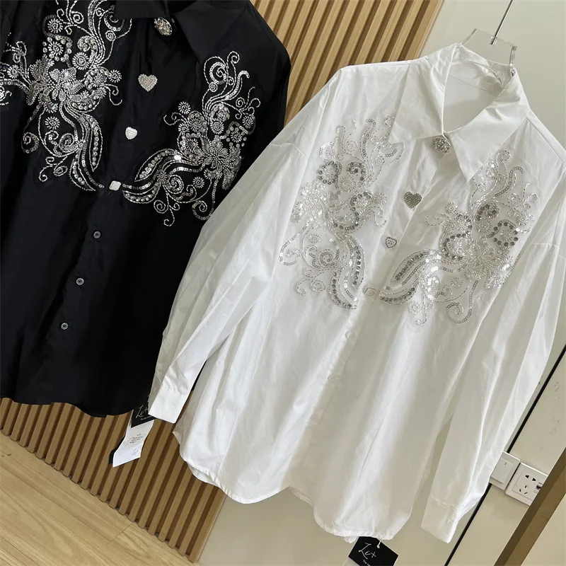 Embroidery Sequin Long Sleeve Shirt for Women Spring Heart Shape Button Lapel Bead Blouse White Black Loose Casual Tops