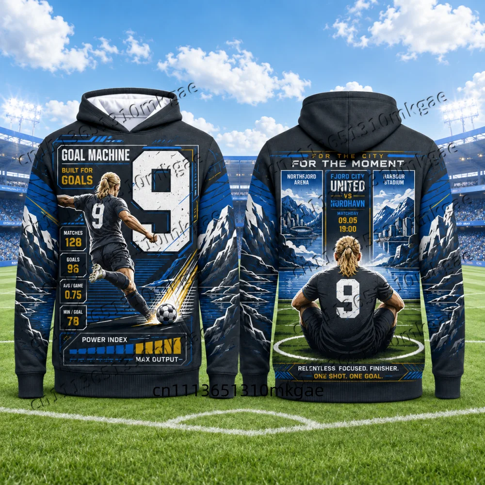 Modischer Fußball-Statistik-Karten-Hoodie für Männer, Langarm-Pullover, Sweatshirt mit Fußballspieler-Grafik, Kapuzenpullover für Kinder und Sportfans – Detail 6