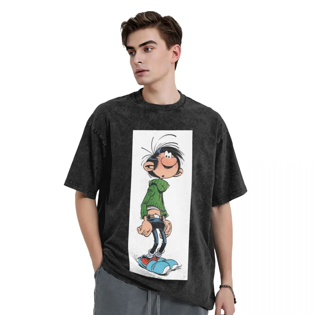 Gaston Lagaffe Washed T Shirts Vintage Short Sleeve Hip Hop T-Shirt Streetwear Tops Tees for Men Women